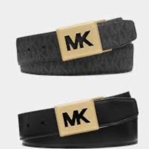 MICHAEL Kors Men's Belt Black Leather x MK Signature (Antique Gold Hardware) Rev
